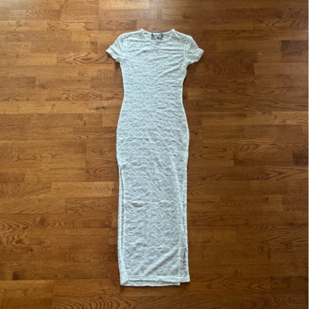 Lioness Lace Maxi Midi Dress Bodycon White Sheer Cover Up Short Sleeve XXS